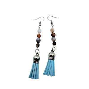 Blue tassel handmade earrings with agates, silver tone ear wires